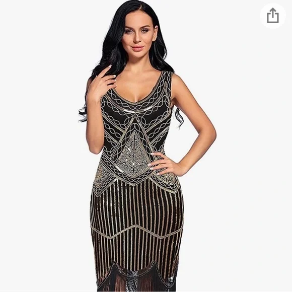knee length dresses for ladies Zapaka Women Vintage Black Sequins Glitter Midi Flapper Dress with 20s Accessories Set, Black Champagne / 2XL main image 0
